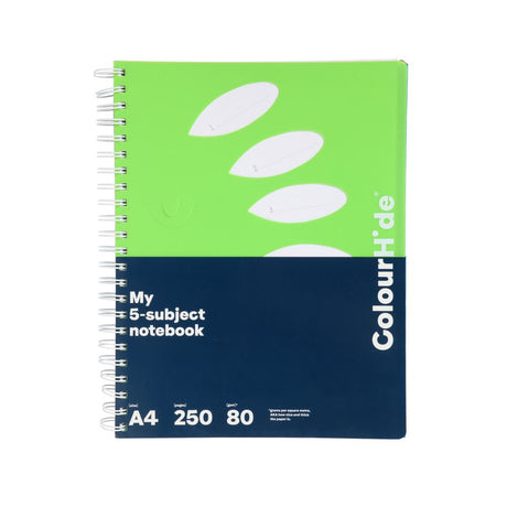 Green Colourhide A4 notebook with 250 thick pages, five subjects, pen holder, and easy-tear design for organized note-taking.