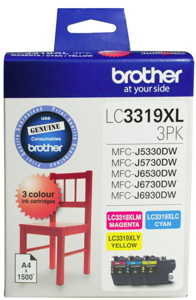 Brother LC3319XL3PK 3 pack CMY ink cartridges for vibrant colors, sharp text, and high yield up to 1500 pages each.