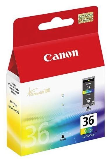 Canon CLI36CLR Colour Ink Cartridge for vibrant, quick-drying prints; compatible with mini260, iP100, iP110 printers.