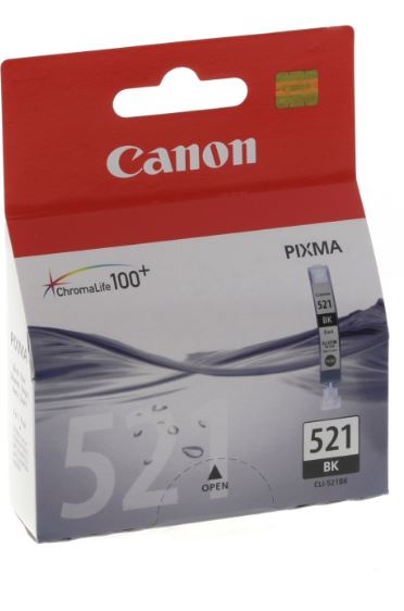 Canon CLI521BK Black Ink Cartridge for precise printing, smudge-resistant, yields up to 350 pages, compatible with select Canon printers.