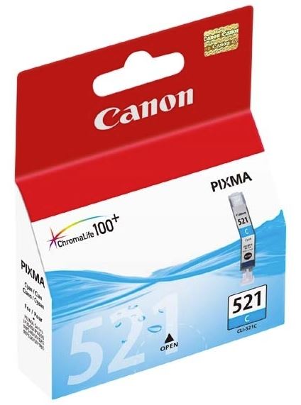 Canon CLI521C Cyan Ink Cartridge for vibrant color printing, compatible with various Canon printers, yields up to 505 pages.