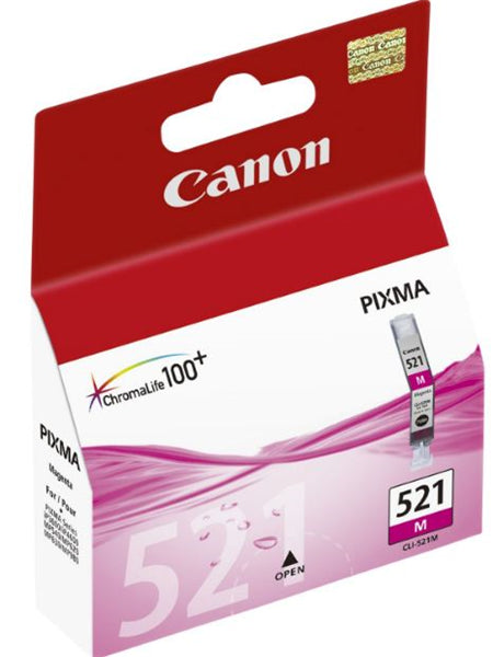 Canon CLI521M Magenta Ink Cartridge for vibrant prints, quick-drying, smudge-resistant, and compatible with various Canon printers.