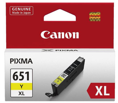 Canon CLI651XLY Yellow High Yield Ink Cartridge for vibrant prints, compatible with various Canon models, up to 750 pages.