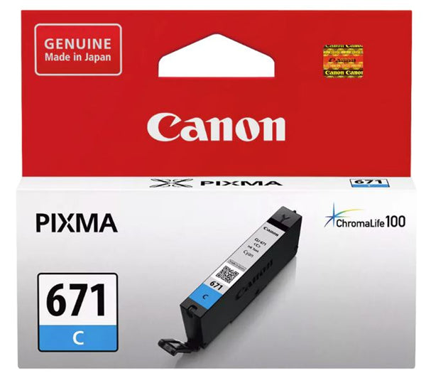 Canon CLI671C Cyan Ink Cartridge for vivid prints, featuring 6.5ml capacity and fine print head technology for precision.