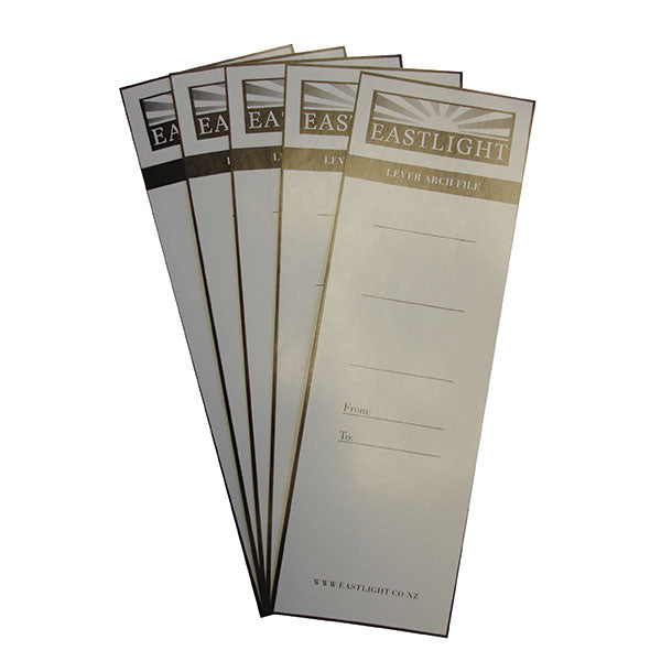 Self-adhesive spine labels for lever arch files, ideal for A4 and foolscap, providing a clean, professional look.