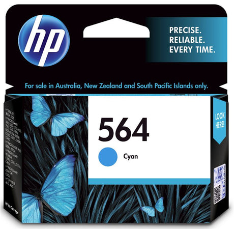 HP 564 Cyan Ink Cartridge for vibrant printing, compatible with various HP printers, lasts up to 300 pages.