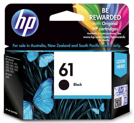 HP 61 Black Ink Cartridge for printers, delivers sharp text and vibrant images, yields up to 190 pages, includes fraud protection.