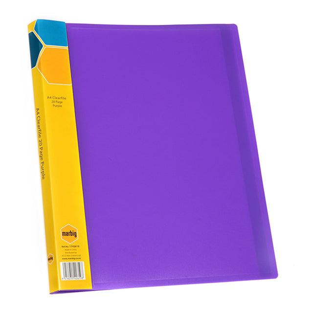 Purple Marbig Display Book with 20 durable pockets for organizing documents, features a customizable insert spine for personal use.