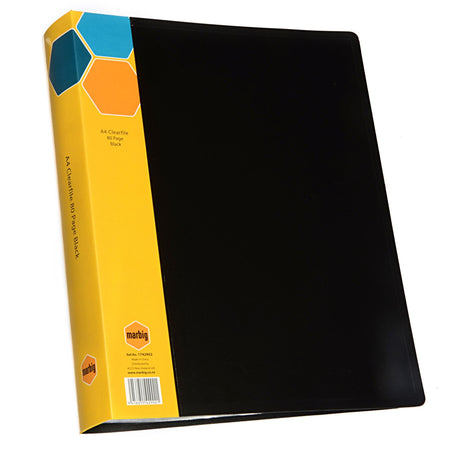 Professional black display book with 80 clear pockets for A4 documents, featuring a customizable insert spine.