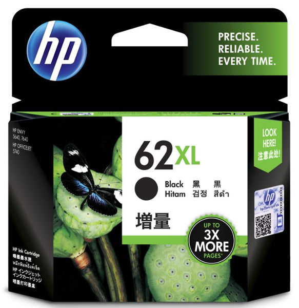 HP 62XL High Yield Black Ink Cartridge for high-quality printing, compatible with various HP printers, prints up to 600 pages.