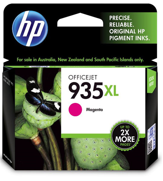 HP 935XL Magenta ink cartridge, high yield for vibrant prints, compatible with OfficeJet models, lasting up to 825 pages.