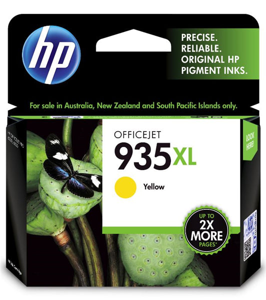 HP 935XL Yellow High Yield Ink Cartridge for vibrant prints, yields up to 825 pages, compatible with various HP printers.