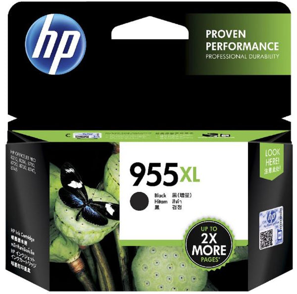 HP 955XL Black High Yield Ink Cartridge for OfficeJet Pro, prints up to 2,000 pages with sharp, vibrant quality and fraud protection.