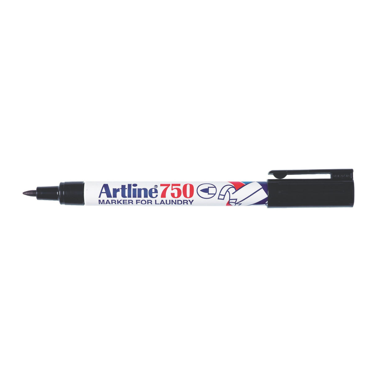 Artline 750 Laundry Marker pack of 12, featuring a 0.7mm bullet nib, ideal for durable fabric labeling and washing resistance.