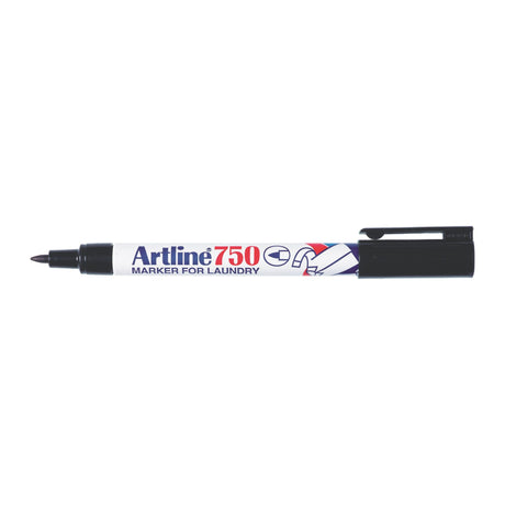 Artline 750 Laundry Marker pack of 12, featuring a 0.7mm bullet nib, ideal for durable fabric labeling and washing resistance.