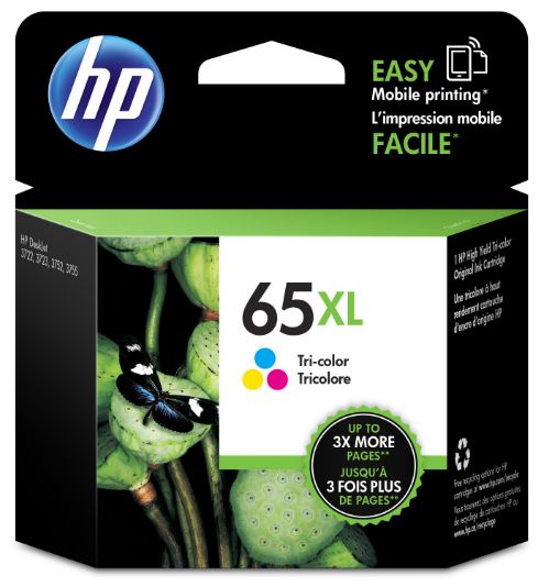 HP 65XL Tri-Colour Ink Cartridge for vibrant prints, compatible with DeskJet and Envy printers, lasting up to 300 pages.