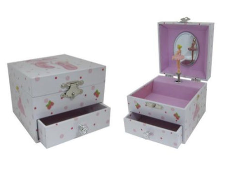 Charming pink Musical Jewellery Box featuring ballet shoes, spinning ballerina, and mirror, perfect for young dancers.