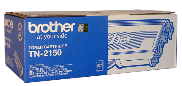 Brother TN-2150 Black toner cartridge for high-quality prints, yields up to 2,600 pages, compatible with various Brother printers.