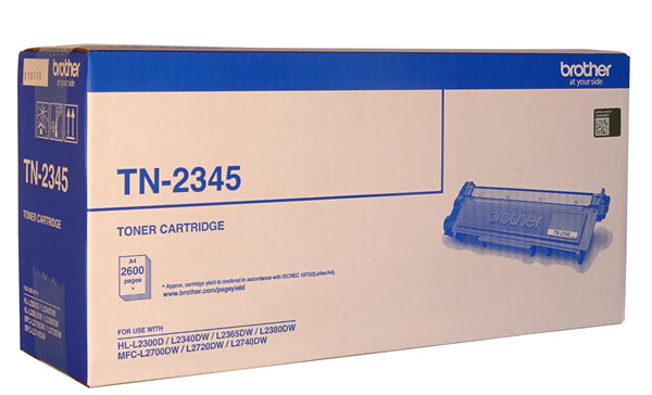 Brother TN-2345 Black High Yield Toner cartridge for laser printers, prints up to 2,600 pages with vibrant, sharp quality.