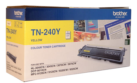 Brother TN-240Y Yellow Toner cartridge for vivid, professional printing, yields up to 1,400 pages, compatible with various Brother printers.