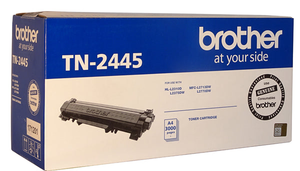 Brother TN-2445 Black High Yield Toner cartridge for crisp, vivid prints, yielding up to 3,000 pages, compatible with various printers.