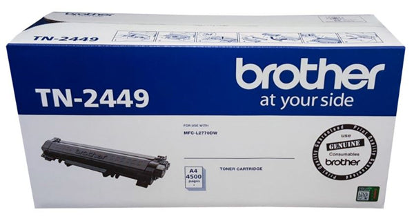 Brother TN-2449 Black Toner cartridge offers 4,500-page yield, ensuring vibrant, crisp prints for home and office use.