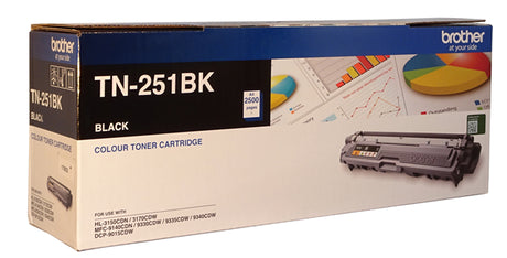 Brother TN-251BK Black Toner cartridge for crisp prints, yields up to 2,500 pages, compatible with various Brother printers.