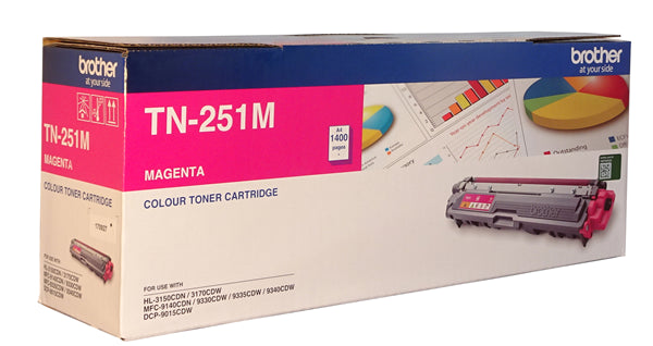 Brother TN-251M Magenta Toner cartridge for vivid prints, compatible with select Brother printers, yields up to 1,400 pages.