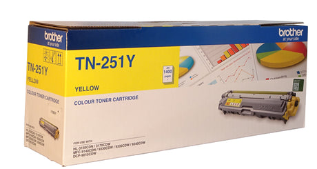 Brother TN-251Y Yellow Toner cartridge for vibrant color printing, yielding up to 1,400 pages, compatible with multiple Brother printers.