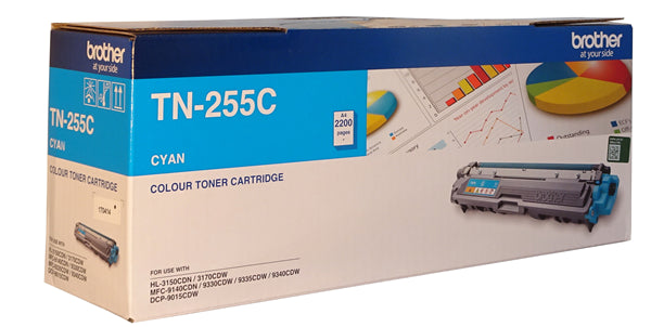 Cyan high yield toner cartridge for Brother printers, producing up to 2,200 pages with vivid colors and professional quality.