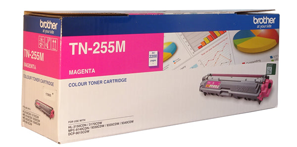 Brother TN-255M Magenta High Yield Toner cartridge for vibrant prints, yielding up to 2,200 pages, compatible with select Brother printers.