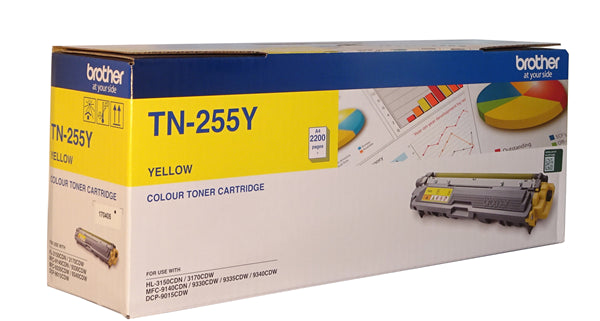 Brother TN-255Y Yellow High Yield Toner cartridge for vibrant prints, compatible with select Brother laser printers, yields 2,200 pages.