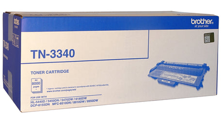 Brother TN-3340 Black High Yield Toner cartridge, prints up to 8,000 pages, ensures crisp text and graphics for high-volume use.