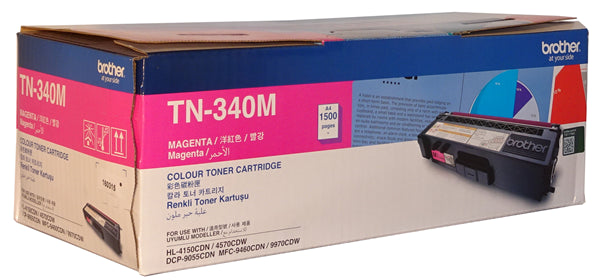 Brother TN-340M Magenta Toner cartridge for vibrant prints, compatible with multiple Brother laser printers, yields 1,500 pages.