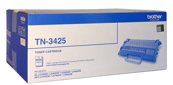 Brother TN-3425 Black High Yield Toner cartridge for high-quality prints, yielding up to 8,000 pages, compatible with various Brother printers.