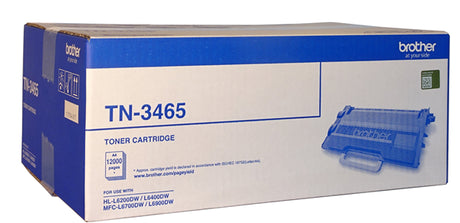 Brother TN-3465 black toner cartridge for high-volume printing, yields up to 12,000 pages, ensures exceptional quality.