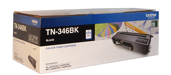 High yield Brother TN-346BK toner cartridge for crisp, professional prints; yields up to 4,000 pages, compatible with various models.