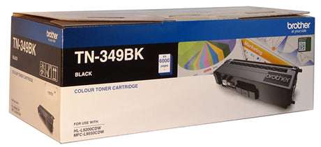 High-yield Brother TN-349BK black toner cartridge for vivid, crisp printing up to 6,000 pages, compatible with select Brother printers.