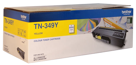 Brother TN-349Y Yellow Toner cartridge for high-volume printing, yields up to 6,000 pages with vibrant, professional colors.