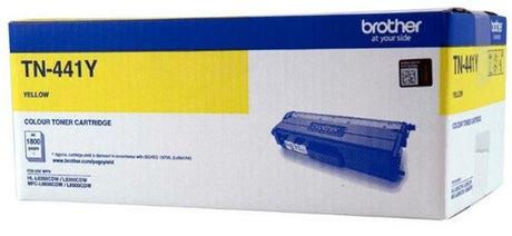 Brother TN441Y Yellow Toner cartridge for vivid printing, yields 1,800 pages, compatible with various Brother laser printers.