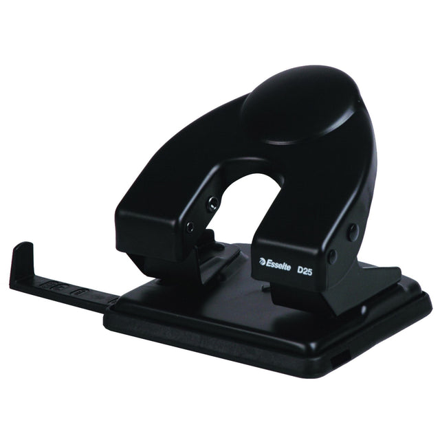 Esselte 2 Hole Punch in black, punches up to 25 sheets, features durable enamel finish and easy-to-empty waste receptacle.