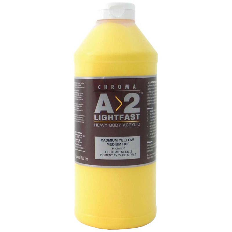 A vibrant 1 Litre Cadmium Medium Yellow acrylic paint by Chroma, offering excellent brush mark retention and low gloss finish.