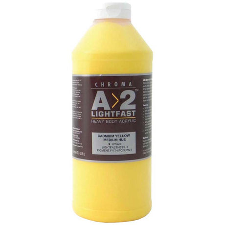A vibrant 1 Litre Cadmium Medium Yellow acrylic paint by Chroma, offering excellent brush mark retention and low gloss finish.