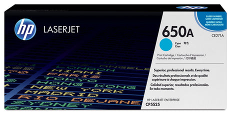 HP 650A Cyan Toner cartridge for vibrant prints, compatible with M750n, M750dn, M750xh, yielding up to 15,000 pages.