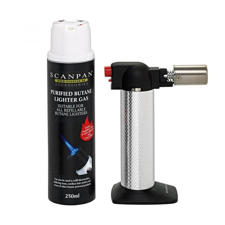 Scanpan Classic Chef's Torch for culinary masterpieces, featuring a safety lock, comfortable grip, and refillable butane gas.