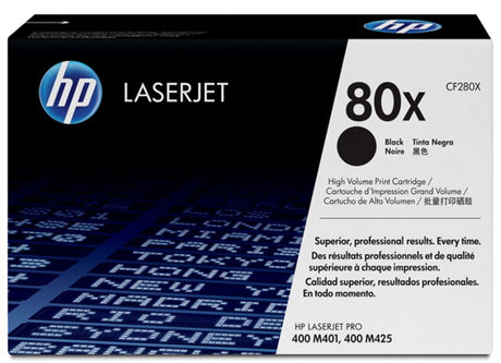 HP 80X Black High Yield Toner cartridge for crisp, high-quality prints; compatible with LaserJet Pro series, prints up to 6,900 pages.