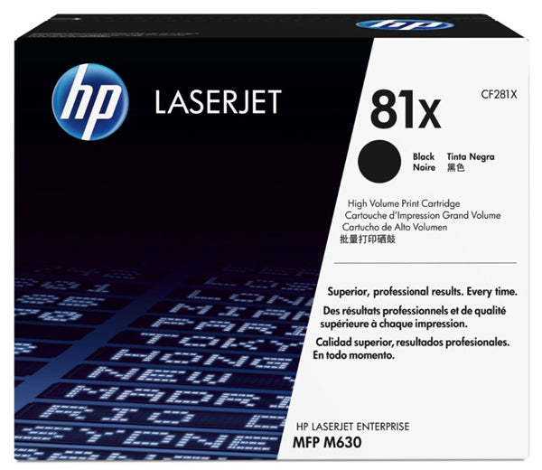 HP 81X Black High Yield Toner cartridge for high-volume printing, yields up to 25,000 pages, ensuring crisp, professional quality.