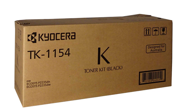 Kyocera TK-1154 Black Toner cartridge for P2235DN/DW printers, yields 3,000 pages, ensuring high-quality, reliable prints.