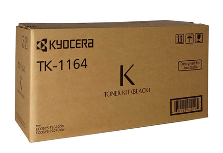 Kyocera TK-1164 Black Toner cartridge for P2040DN and P2040DW, yielding 7,000 pages with high-quality prints.