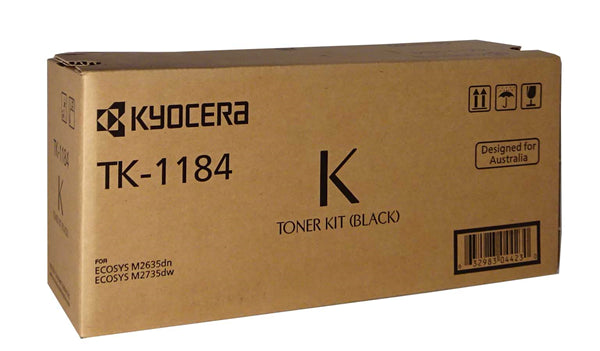 Kyocera TK-1184 Black Toner cartridge for M2635DN and M2735DW, yielding 3,000 pages of high-quality prints.